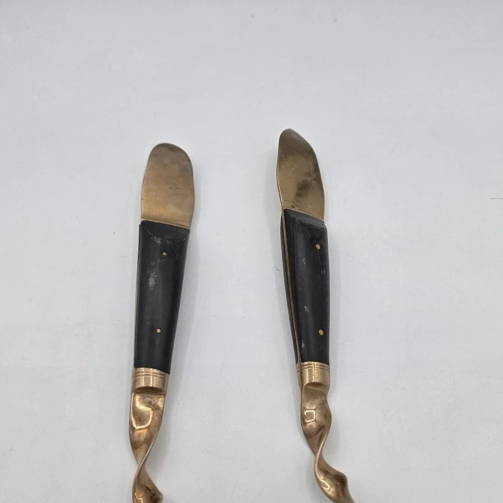 Vintage Thai Buddha Figurine Twisted Handle Serving Spoon Fork Set‎ Brass Black